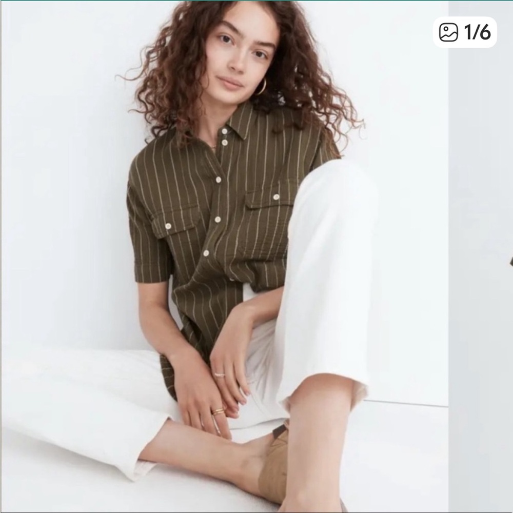 Madewell Olive Green Short-Sleeve Button-Down Stripe Shirt
